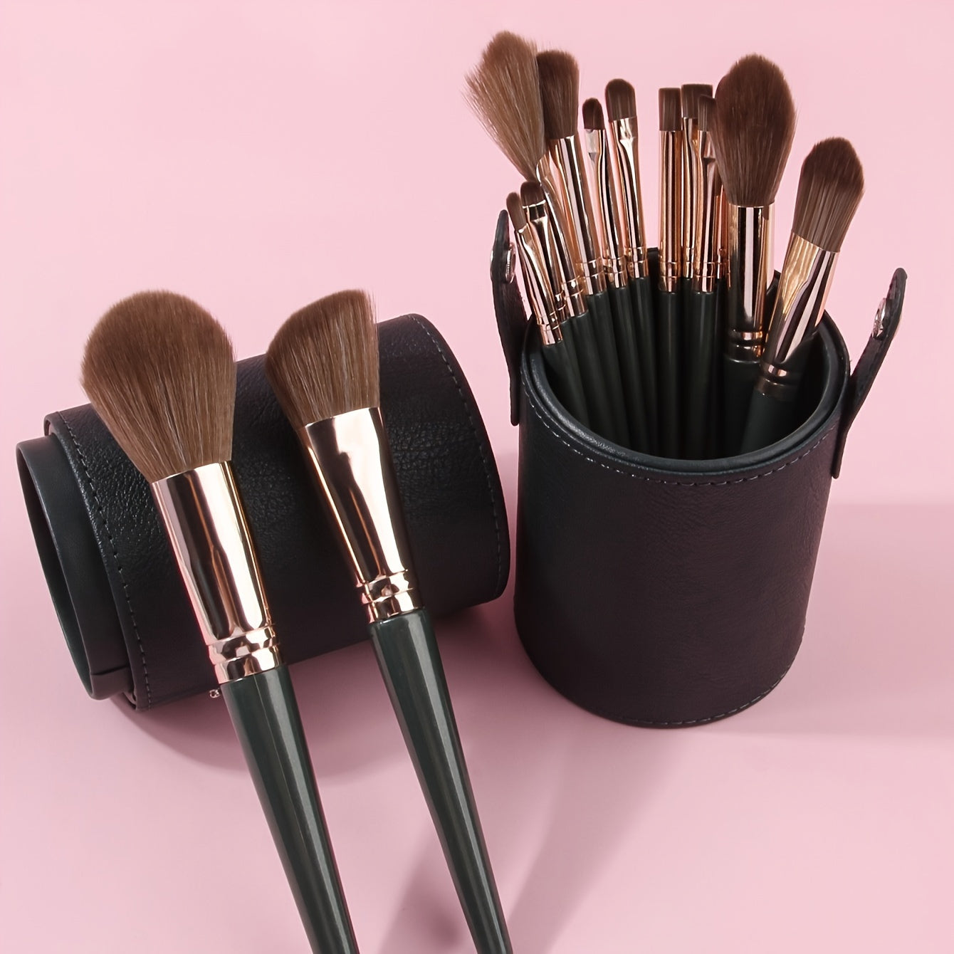 14-piece professional makeup brush set with green ABS handles and nylon brushes, suitable for normal skin.