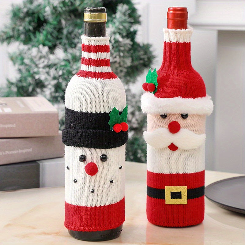 Christmas Knit Bottle Covers featuring Santa, Snowman, and Reindeer designs. Polyester cozy for wine bottles, perfect for winter decor and gifting.