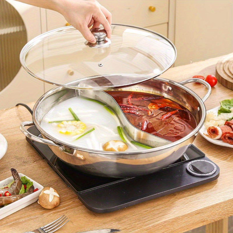 [Customer Favorite] Double-flavored Stainless Steel Hot Pot - Dual Handles, Split Compartment, Compatible with Gas and Induction Cooktops - Essential Kitchen Appliance