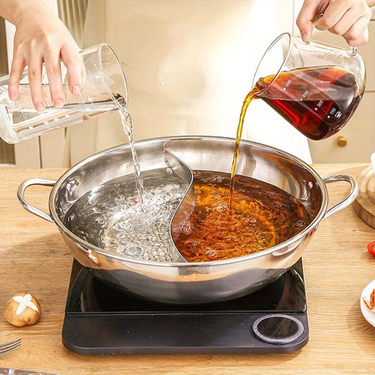 [Customer Favorite] Double-flavored Stainless Steel Hot Pot - Dual Handles, Split Compartment, Compatible with Gas and Induction Cooktops - Essential Kitchen Appliance