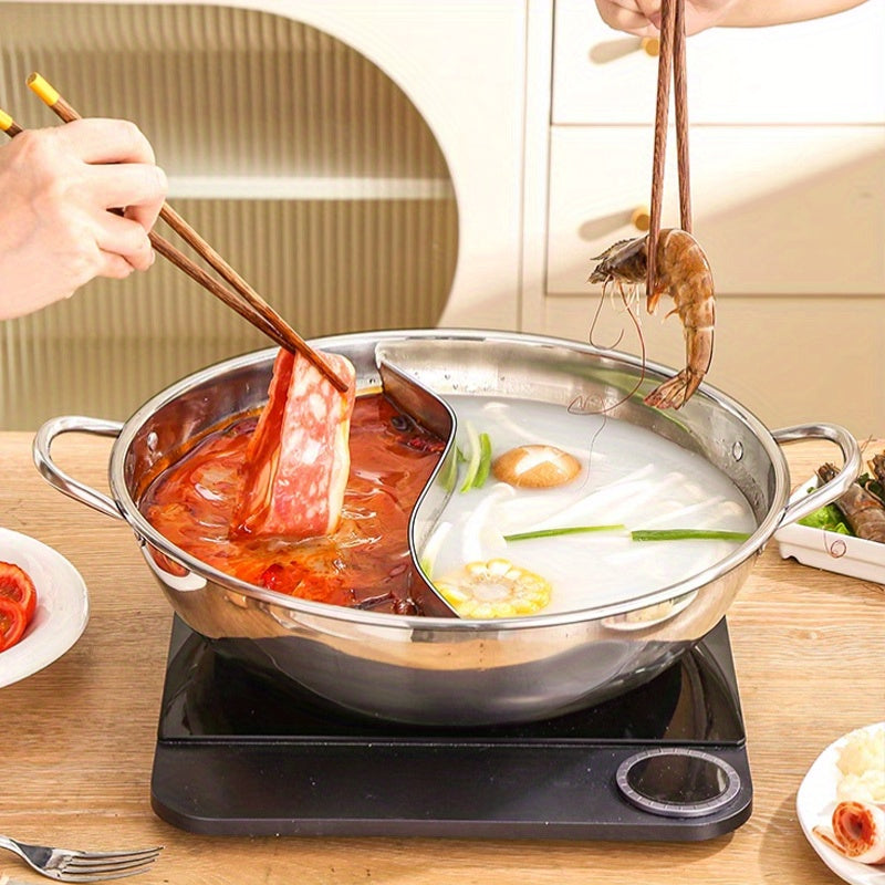 [Customer Favorite] Double-flavored Stainless Steel Hot Pot - Dual Handles, Split Compartment, Compatible with Gas and Induction Cooktops - Essential Kitchen Appliance