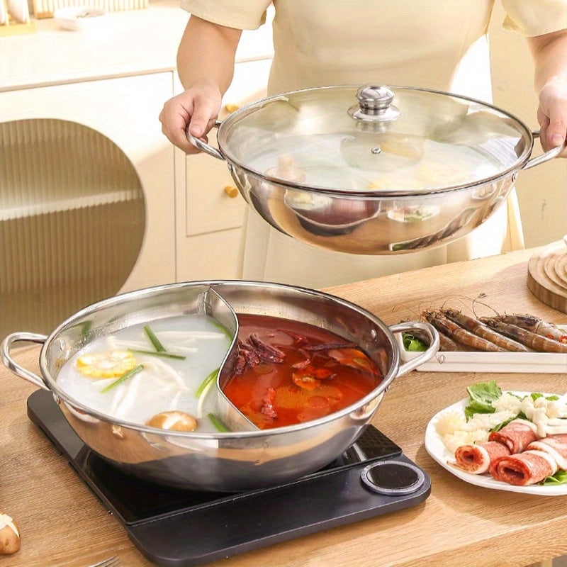 [Customer Favorite] Double-flavored Stainless Steel Hot Pot - Dual Handles, Split Compartment, Compatible with Gas and Induction Cooktops - Essential Kitchen Appliance