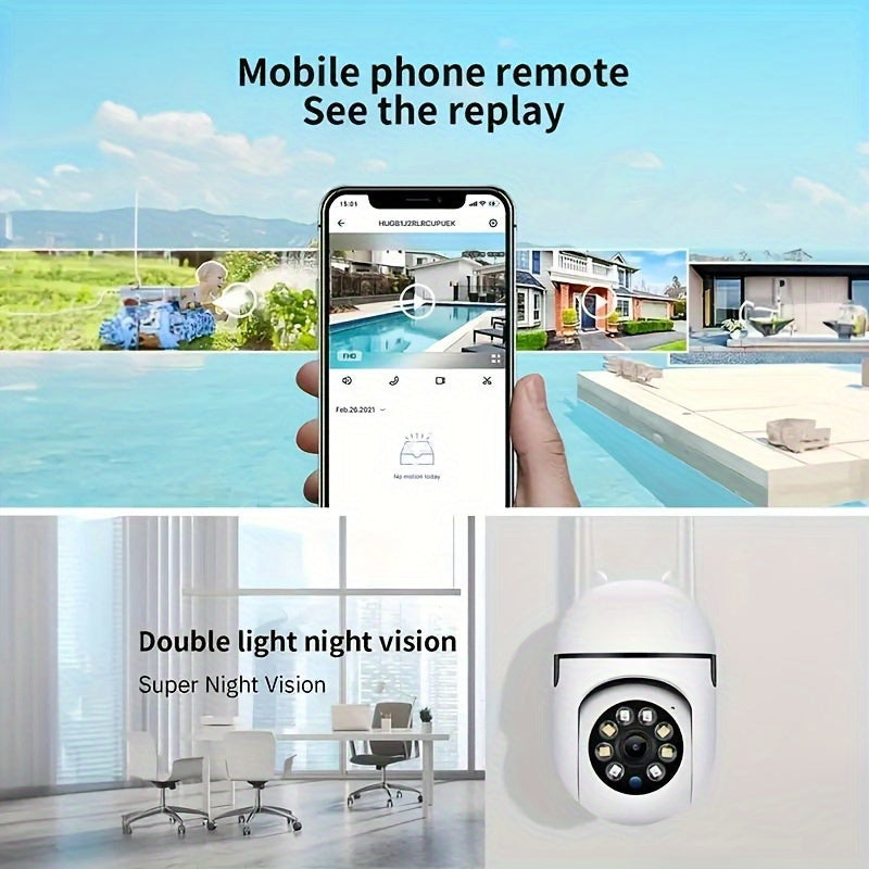 Get the ultimate surveillance with the 1pc TERUHAL Ultra HD 1080P Wireless Security Camera. This camera features a 355° panoramic view, 2-way audio, night vision, and Wi-Fi connectivity. Made from durable ABS material and powered by USB, this camera does