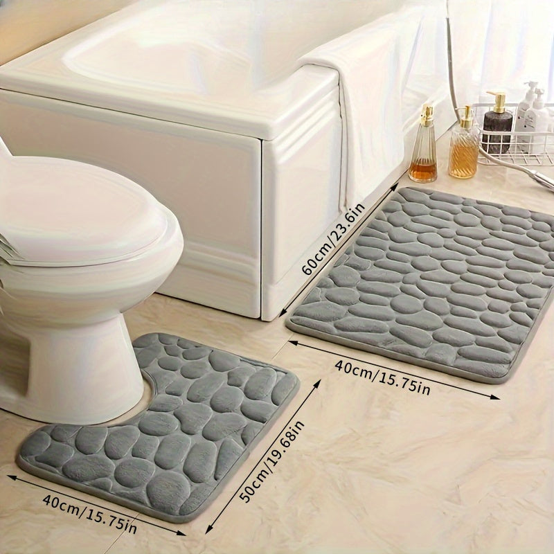 2pcs Set Soft Bath Mats with Stone Embossed Design, Non-Slip and Quick-Dry. Ideal for Bathroom, Bedroom, Kitchen, Living Room, Home Decor in Autumn. Sizes: 40x60cm & 40x50cm.