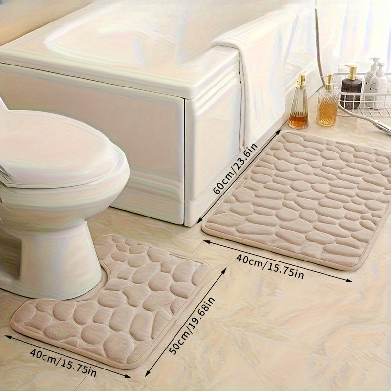 2pcs Set Soft Bath Mats with Stone Embossed Design, Non-Slip and Quick-Dry. Ideal for Bathroom, Bedroom, Kitchen, Living Room, Home Decor in Autumn. Sizes: 40x60cm & 40x50cm.