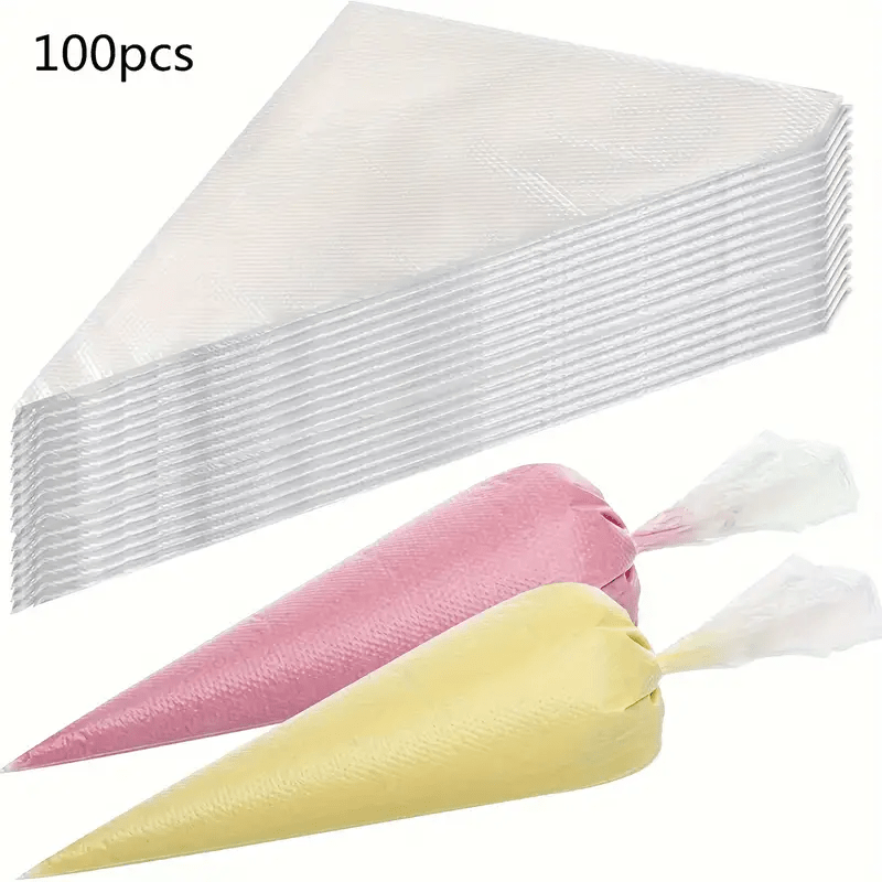 Set of 100 disposable piping bags for cake decorating, featuring triangle design for easy icing and frosting. Ideal for cookies, cupcakes, and homemade desserts. Must-have for kitchens and restaurants.