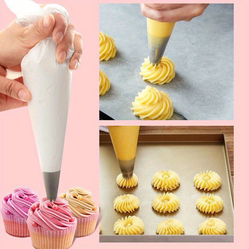 Set of 100 disposable piping bags for cake decorating, featuring triangle design for easy icing and frosting. Ideal for cookies, cupcakes, and homemade desserts. Must-have for kitchens and restaurants.