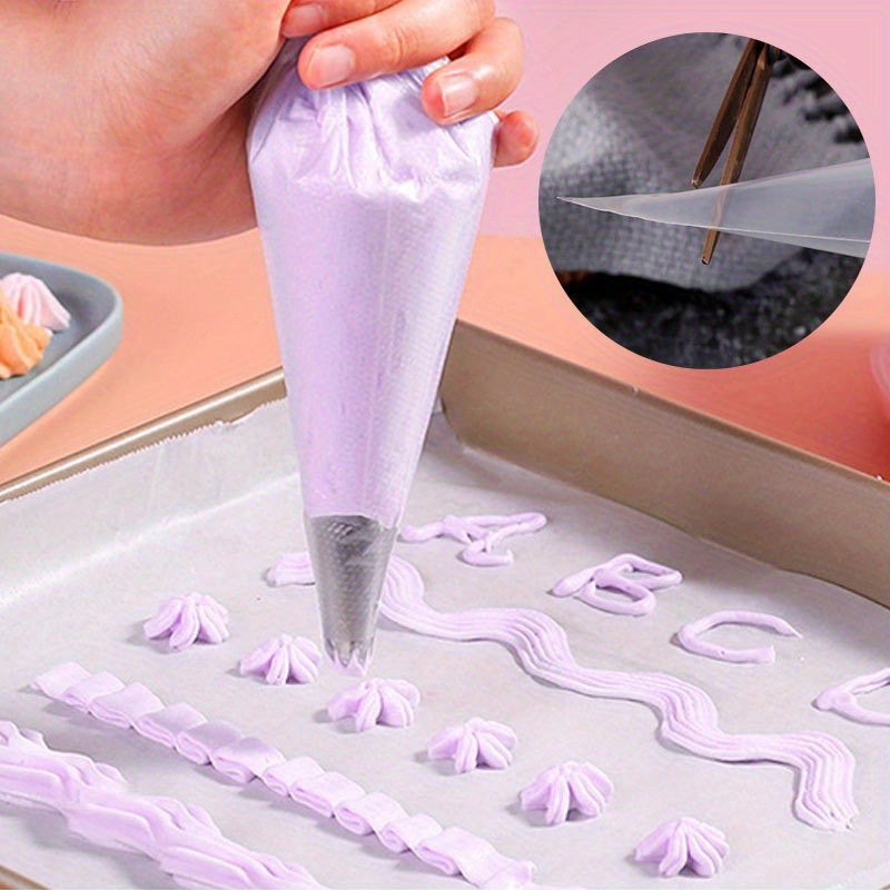 Set of 100 disposable piping bags for cake decorating, featuring triangle design for easy icing and frosting. Ideal for cookies, cupcakes, and homemade desserts. Must-have for kitchens and restaurants.