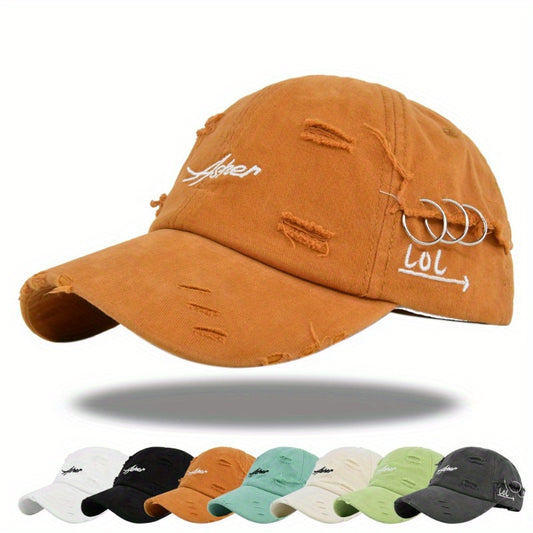 1 retro torn baseball cap with letter embroidery, suitable for both men and women.