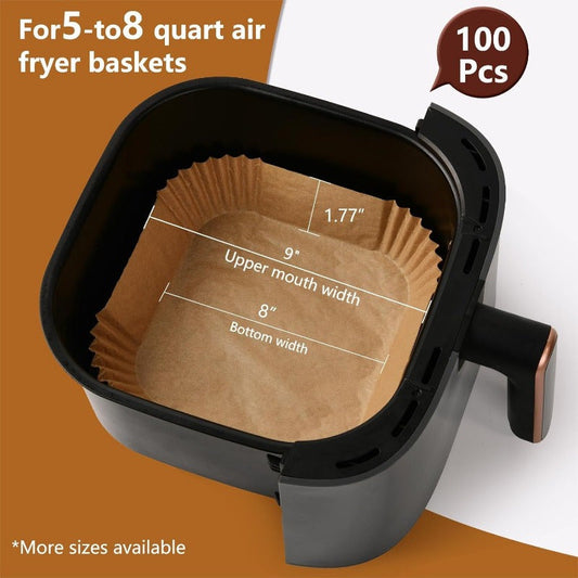 100 pieces of 22.86cm square air fryer parchment paper liners - made with food-grade, non-stick, and waterproof materials. Perfect for baking and cooking in microwaves and air fryers, great for home BBQs and baking parties. Ideal air fryer liners.