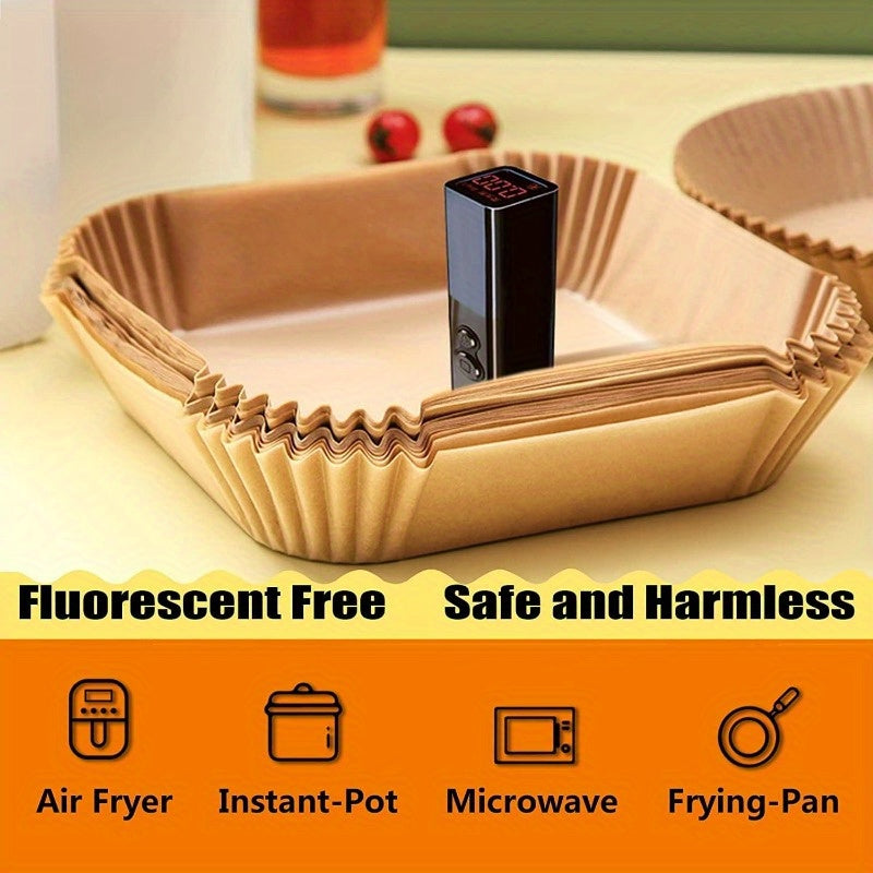 100 pieces of 22.86cm square air fryer parchment paper liners - made with food-grade, non-stick, and waterproof materials. Perfect for baking and cooking in microwaves and air fryers, great for home BBQs and baking parties. Ideal air fryer liners.