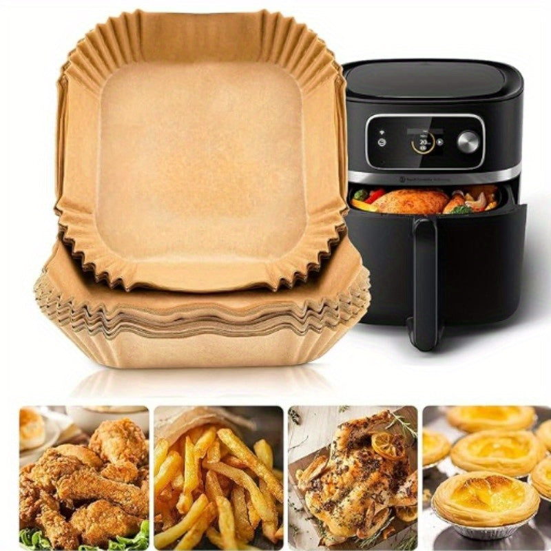 100 pieces of 22.86cm square air fryer parchment paper liners - made with food-grade, non-stick, and waterproof materials. Perfect for baking and cooking in microwaves and air fryers, great for home BBQs and baking parties. Ideal air fryer liners.