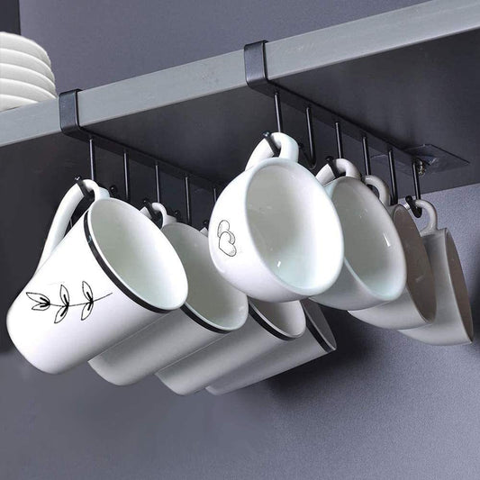 Under Cabinet Iron Mug Rack with 6 Hooks - Space-Saving Holder for Coffee Cups, Versatile Kitchen Utensil Organizer, Durable Shelf with Storage Hooks