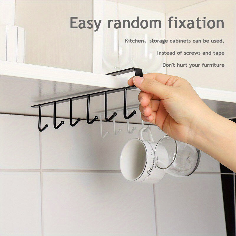 Under Cabinet Iron Mug Rack with 6 Hooks - Space-Saving Holder for Coffee Cups, Versatile Kitchen Utensil Organizer, Durable Shelf with Storage Hooks