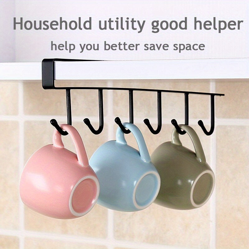 Under Cabinet Iron Mug Rack with 6 Hooks - Space-Saving Holder for Coffee Cups, Versatile Kitchen Utensil Organizer, Durable Shelf with Storage Hooks