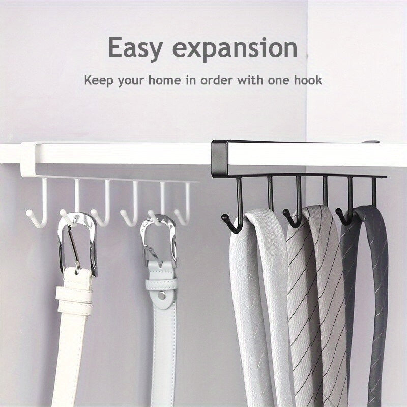 Under Cabinet Iron Mug Rack with 6 Hooks - Space-Saving Holder for Coffee Cups, Versatile Kitchen Utensil Organizer, Durable Shelf with Storage Hooks