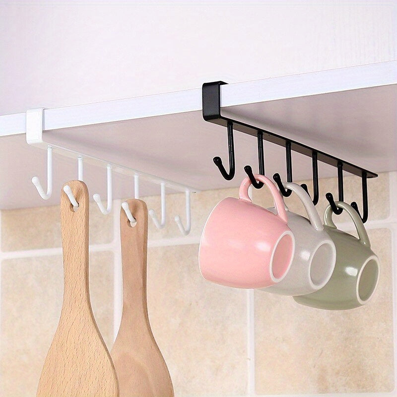 Under Cabinet Iron Mug Rack with 6 Hooks - Space-Saving Holder for Coffee Cups, Versatile Kitchen Utensil Organizer, Durable Shelf with Storage Hooks