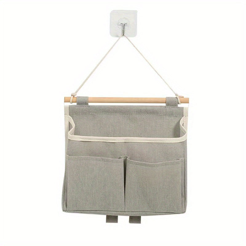 Wall Hanging Storage Organizer with Multiple Pockets, Made of Waterproof Linen Fabric and Wooden Dowel, Ideal for Living Room, Bedroom, Bathroom - Multipurpose Wall Mount Shelf