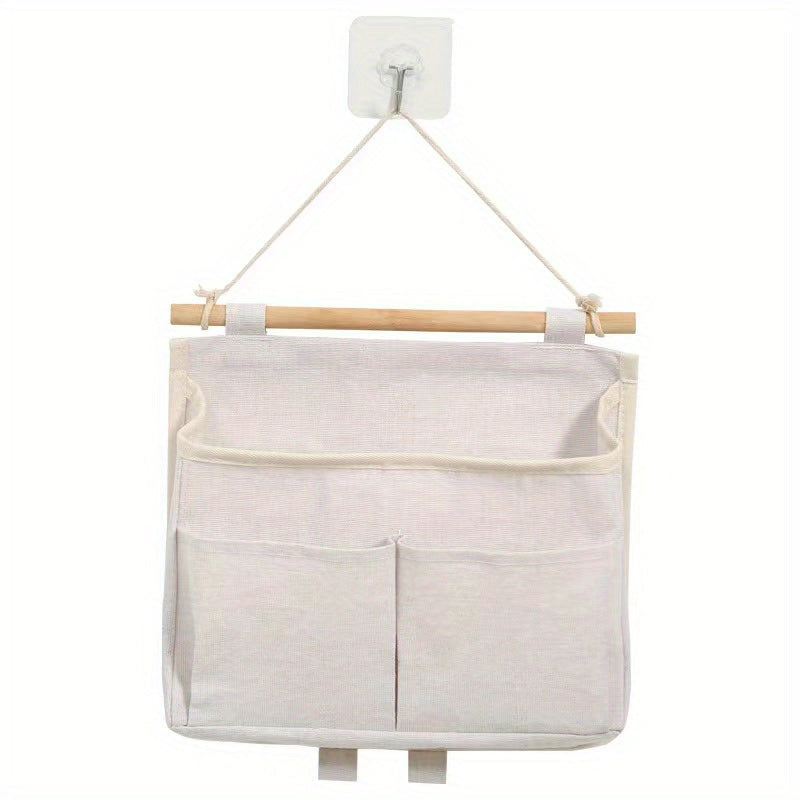 Wall Hanging Storage Organizer with Multiple Pockets, Made of Waterproof Linen Fabric and Wooden Dowel, Ideal for Living Room, Bedroom, Bathroom - Multipurpose Wall Mount Shelf