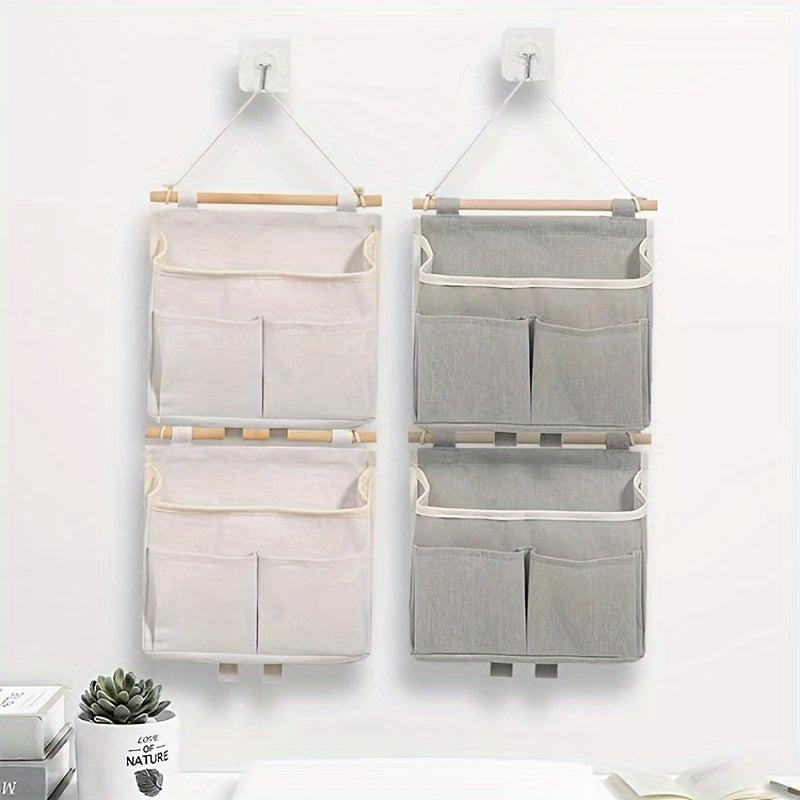 Wall Hanging Storage Organizer with Multiple Pockets, Made of Waterproof Linen Fabric and Wooden Dowel, Ideal for Living Room, Bedroom, Bathroom - Multipurpose Wall Mount Shelf