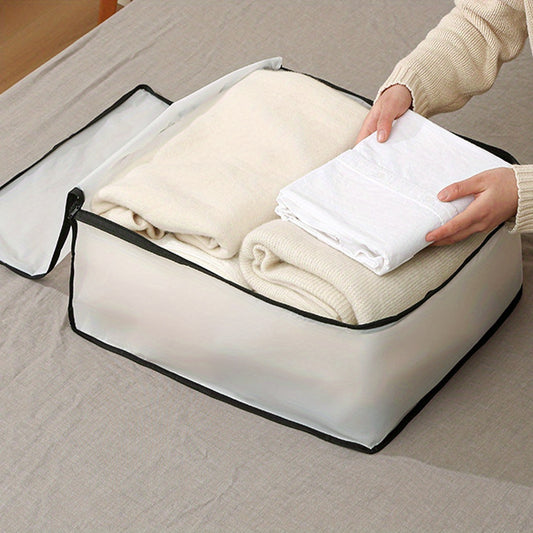 The 1pc Quilt Storage Bag is a moisture-proof and dustproof transparent duffel bag for holding clothes and quilts. It is a versatile storage solution for home organization, fitting easily under the bed.