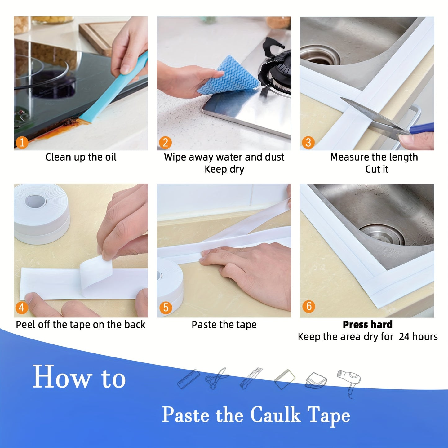 Self-adhesive waterproof caulk tape for bathroom and toilet seals, easy to apply with no power needed.