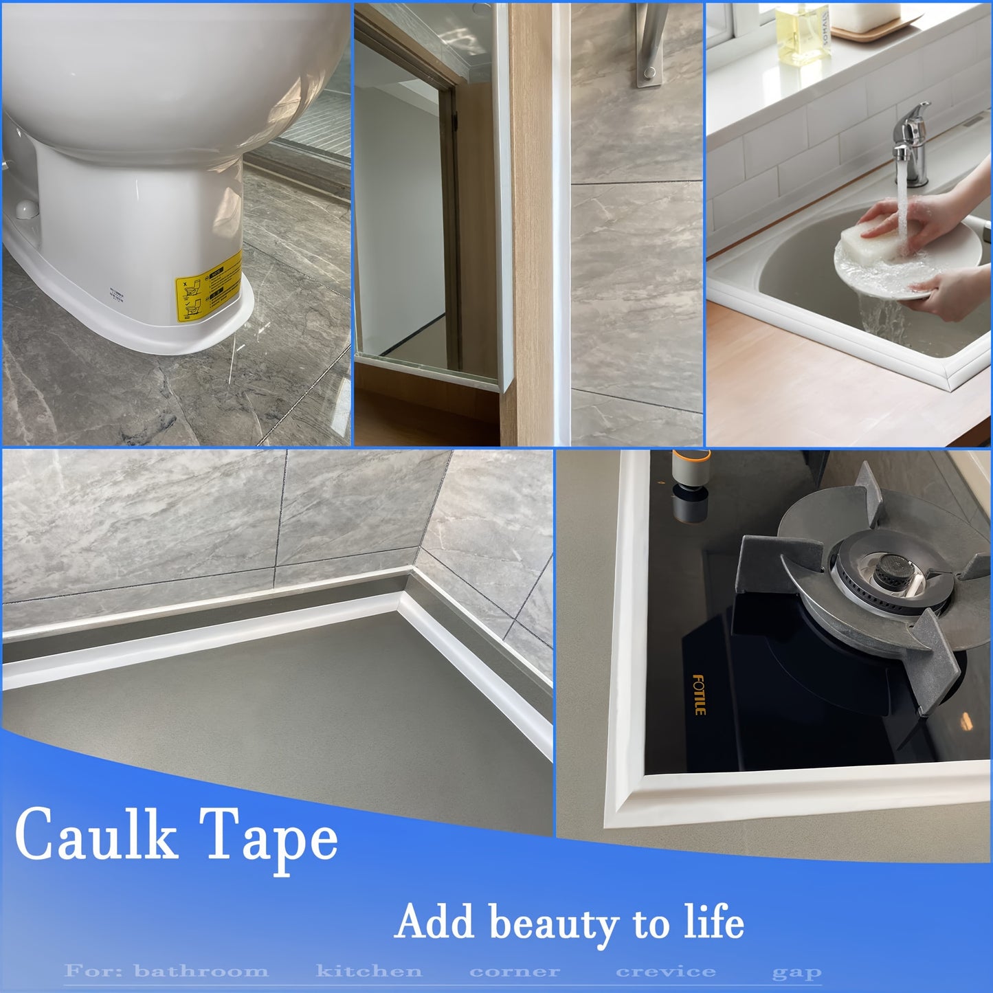 Self-adhesive waterproof caulk tape for bathroom and toilet seals, easy to apply with no power needed.