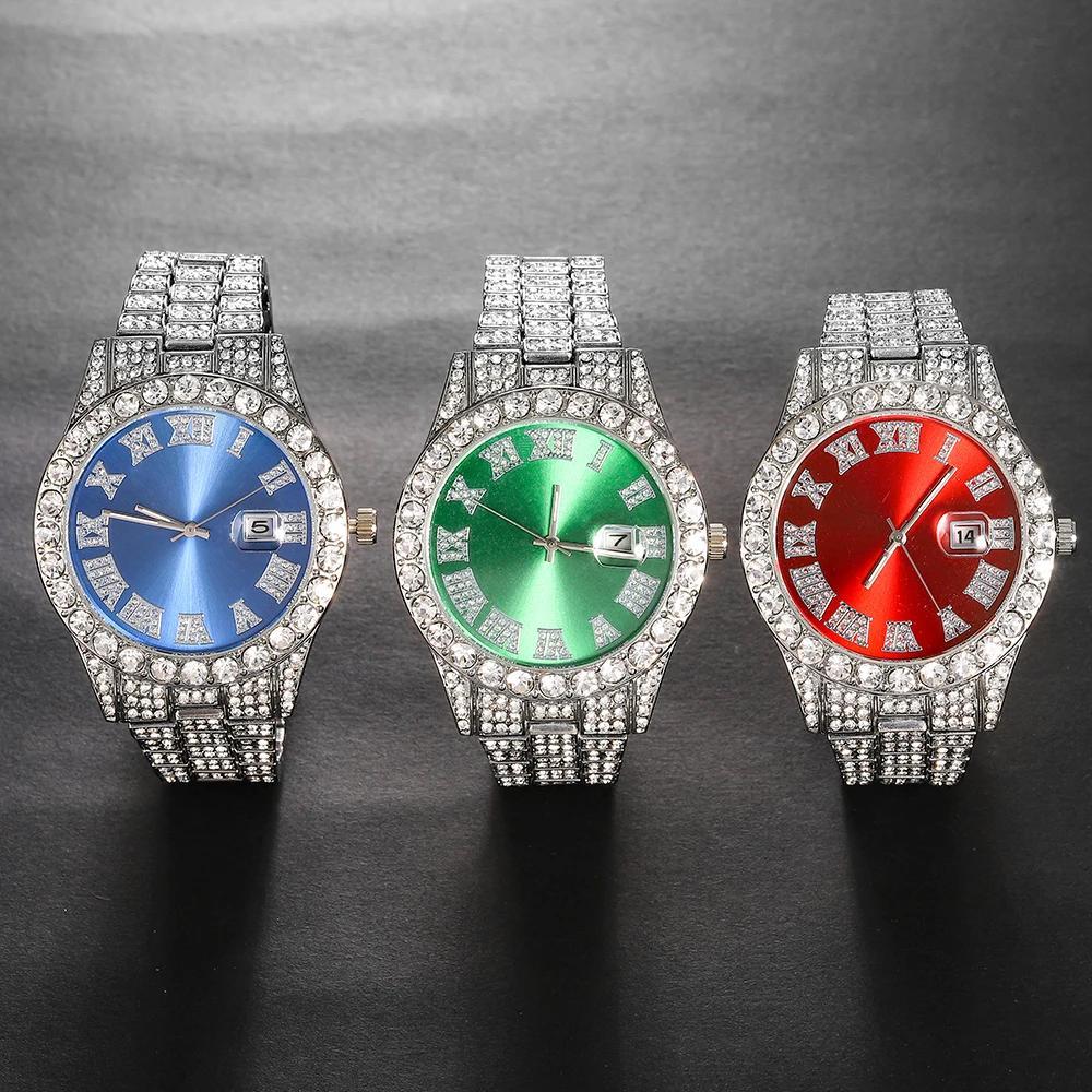 Set of 4 pieces: Men's Rhinestone Wrist Watch and Cross Pendant Jewelry Set, suitable for both Men and Women.