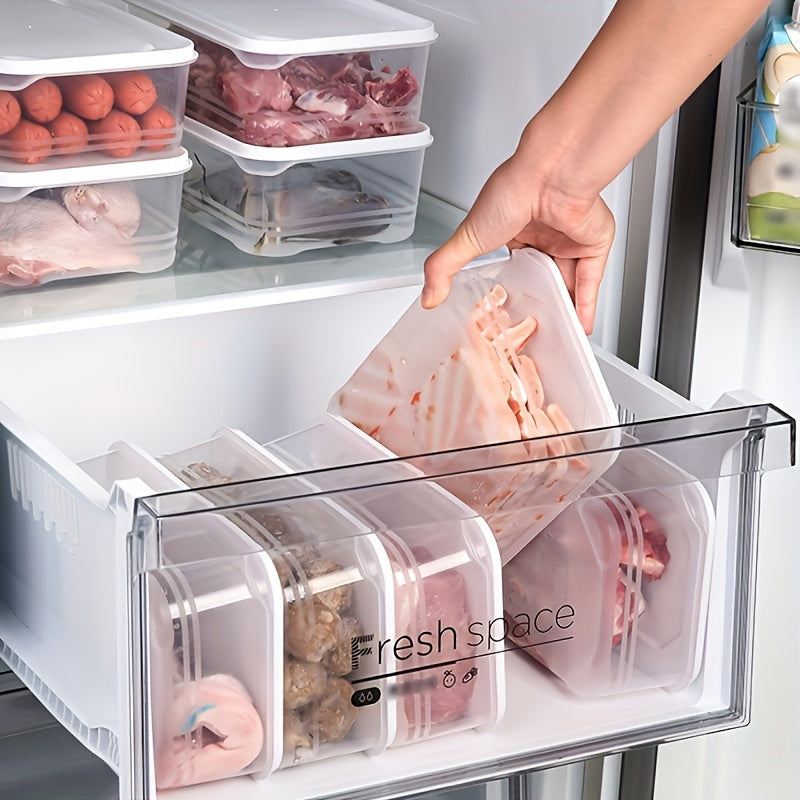 Refrigerator frozen meat box storage container with 5 compartments, food-grade classification grid for organizing food items, prevents cross-flavoring of ice cream, ensures sealed and fresh-keeping frozen storage