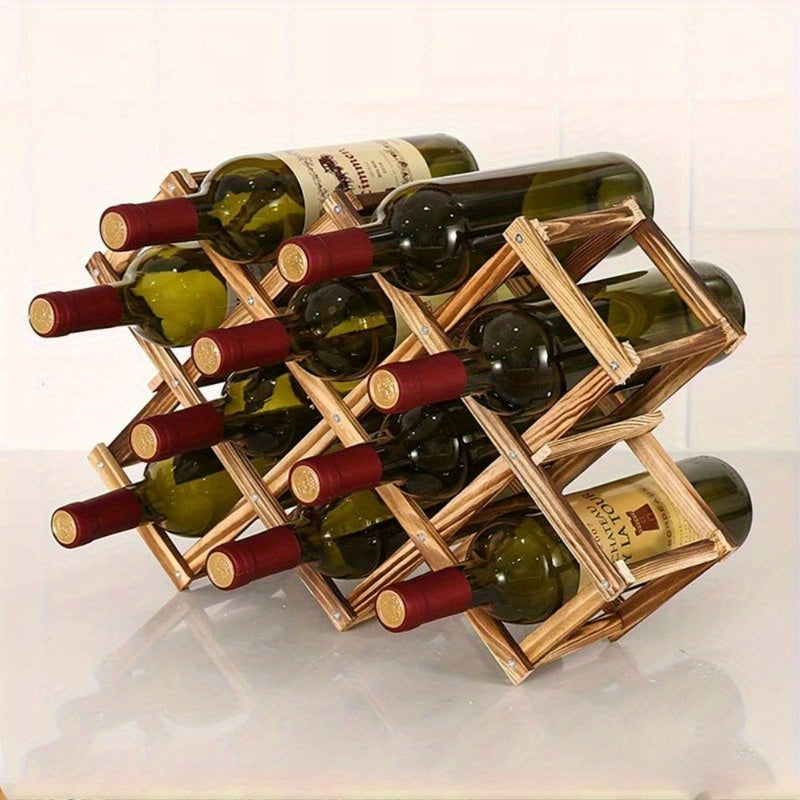 Simple, foldable wooden wine rack for kitchen and dining decor.