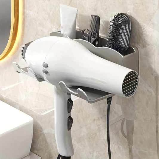 Wall mounted hair dryer stand with organizer for bathroom, hands-free design, fits small to large dryers, saves space and organizes accessories.