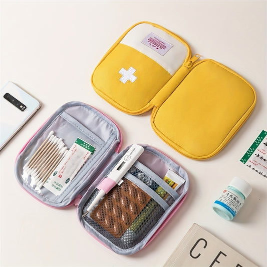 Portable pill storage bag in macaron color made of durable fabric material, ideal for daily medical use.