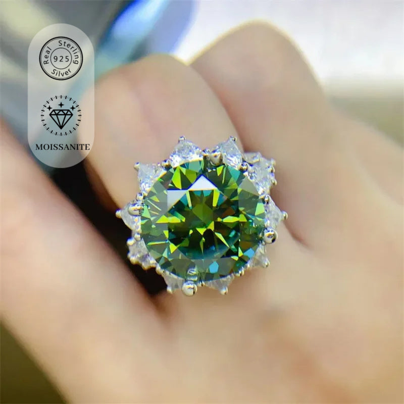 Luxurious vintage-style 1pc Ethic Diam sunflower engagement ring featuring a stunning 10 carat green Moissanite stone. Crafted in 925 sterling silver, this piece is perfect for daily wear, music festivals, and as a surprise anniversary gift. Embrace the