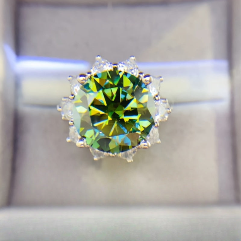 Luxurious vintage-style 1pc Ethic Diam sunflower engagement ring featuring a stunning 10 carat green Moissanite stone. Crafted in 925 sterling silver, this piece is perfect for daily wear, music festivals, and as a surprise anniversary gift. Embrace the