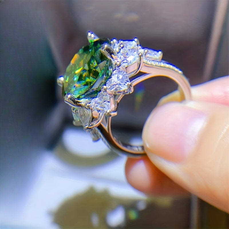 Luxurious vintage-style 1pc Ethic Diam sunflower engagement ring featuring a stunning 10 carat green Moissanite stone. Crafted in 925 sterling silver, this piece is perfect for daily wear, music festivals, and as a surprise anniversary gift. Embrace the