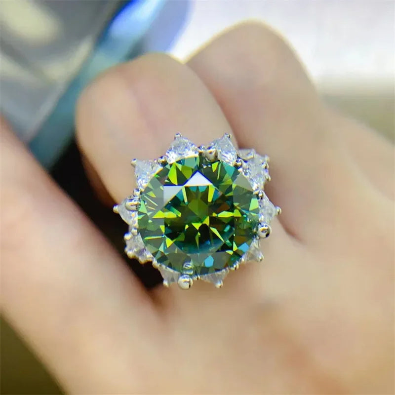 Luxurious vintage-style 1pc Ethic Diam sunflower engagement ring featuring a stunning 10 carat green Moissanite stone. Crafted in 925 sterling silver, this piece is perfect for daily wear, music festivals, and as a surprise anniversary gift. Embrace the