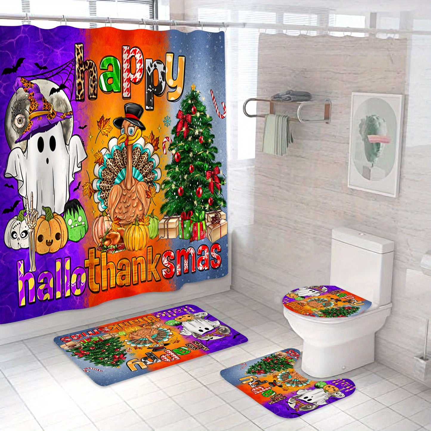 Happy Hallothanksmas Bathroom Decor Set includes a shower curtain, rugs, and accessories with a cartoon ghost turkey christmas tree design made of waterproof polyester fabric. Set includes 12 hooks.