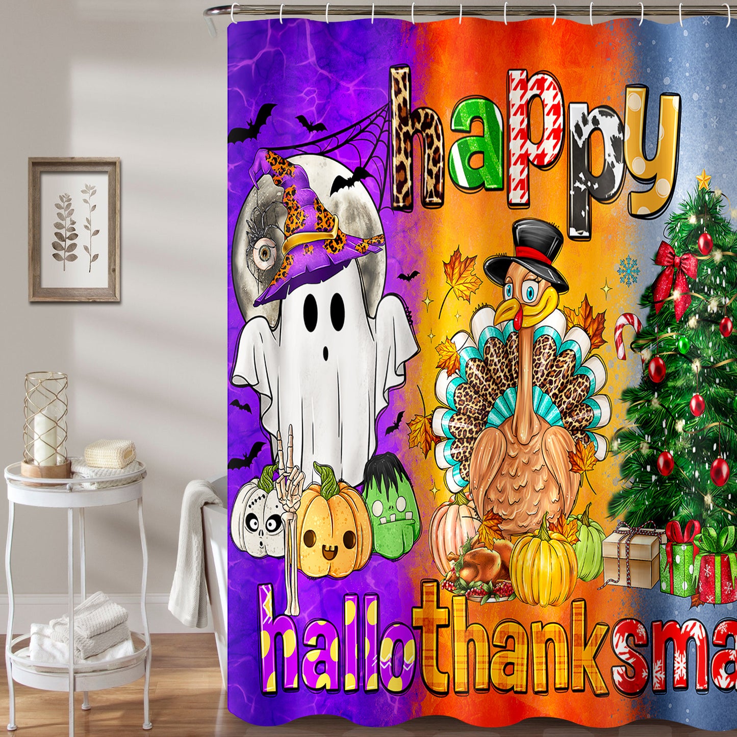 Happy Hallothanksmas Bathroom Decor Set includes a shower curtain, rugs, and accessories with a cartoon ghost turkey christmas tree design made of waterproof polyester fabric. Set includes 12 hooks.