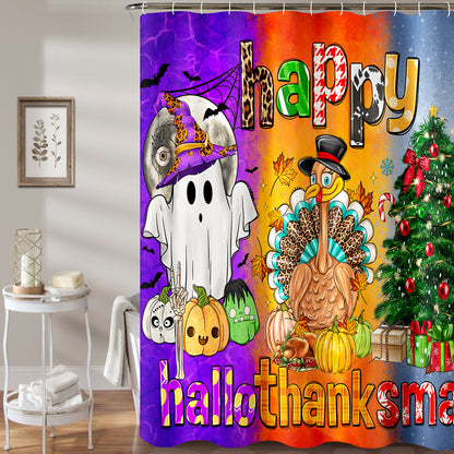 Happy Hallothanksmas Bathroom Decor Set includes a shower curtain, rugs, and accessories with a cartoon ghost turkey christmas tree design made of waterproof polyester fabric. Set includes 12 hooks.