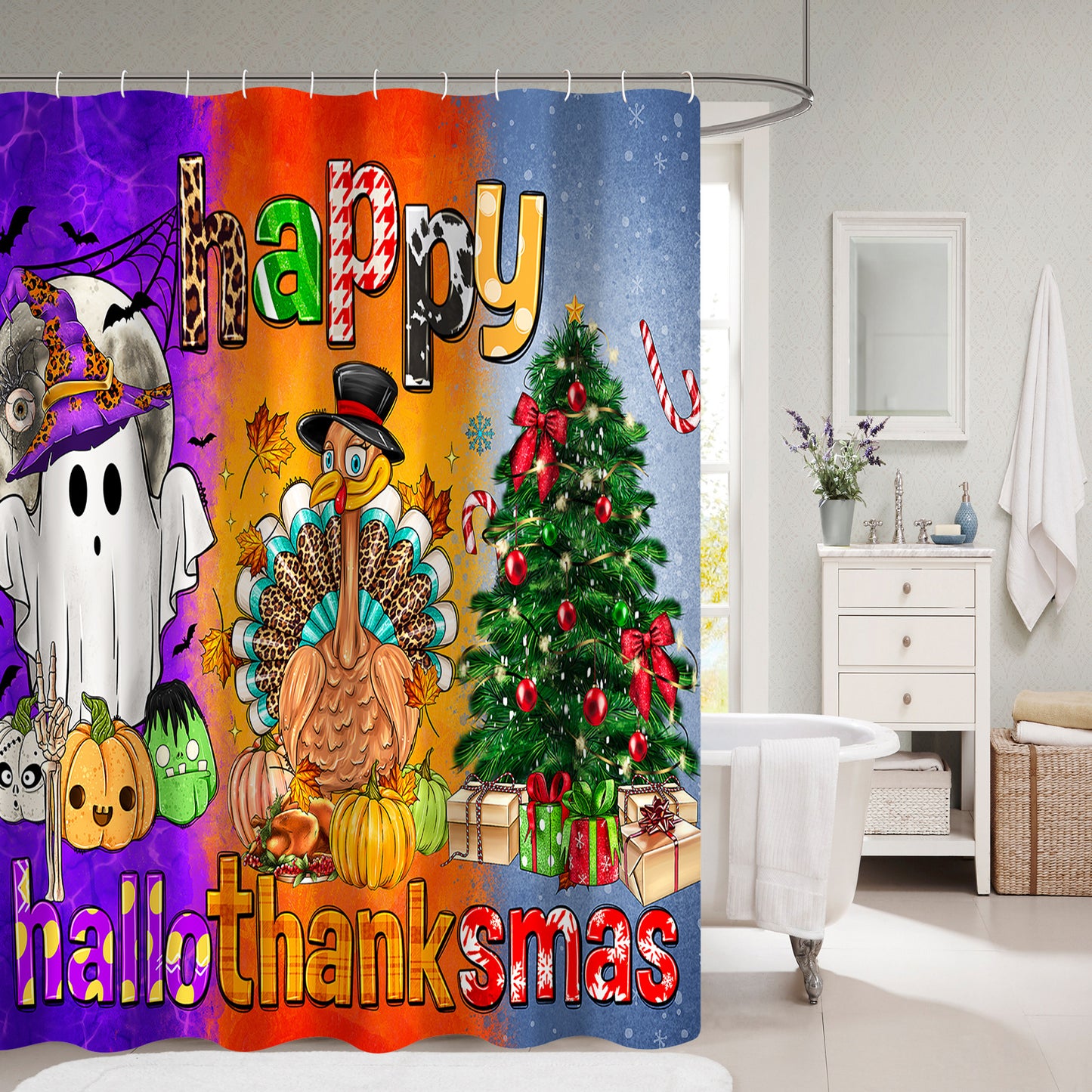 Happy Hallothanksmas Bathroom Decor Set includes a shower curtain, rugs, and accessories with a cartoon ghost turkey christmas tree design made of waterproof polyester fabric. Set includes 12 hooks.