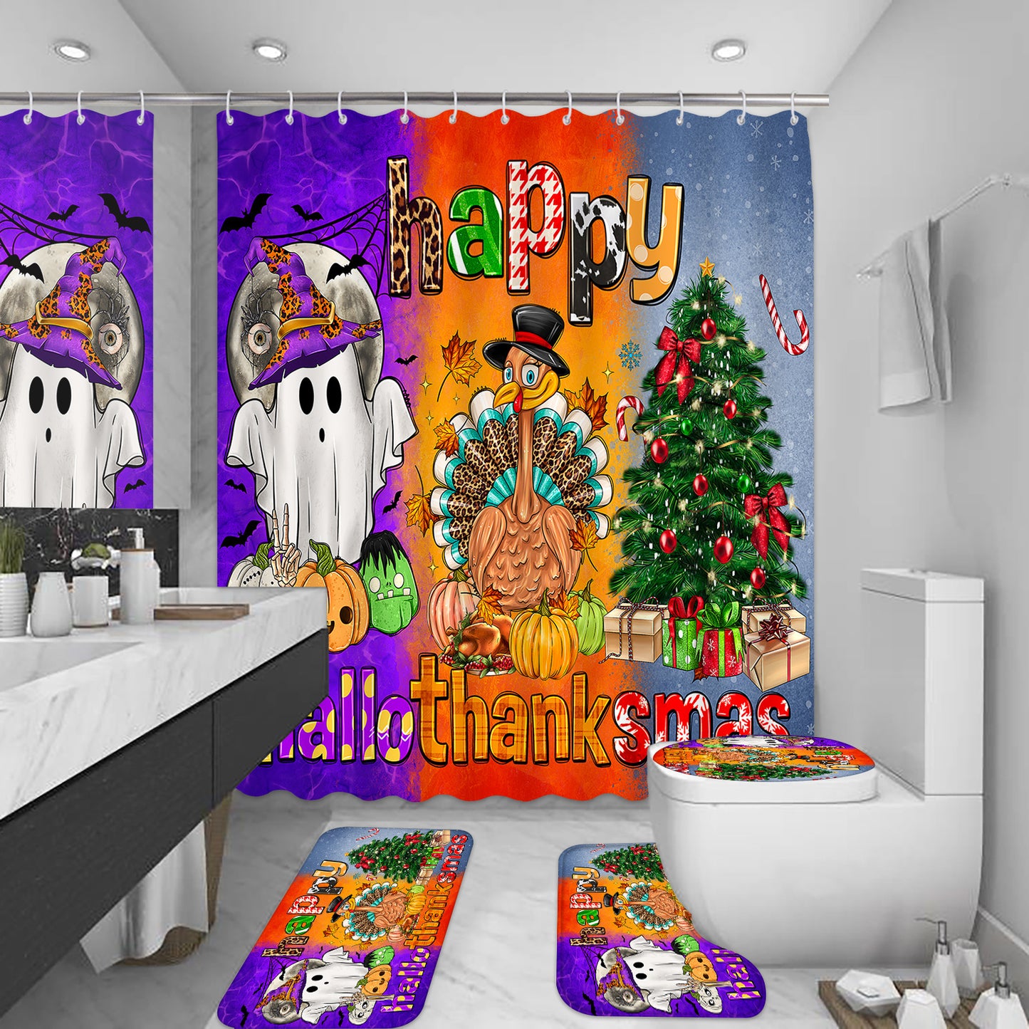 Happy Hallothanksmas Bathroom Decor Set includes a shower curtain, rugs, and accessories with a cartoon ghost turkey christmas tree design made of waterproof polyester fabric. Set includes 12 hooks.