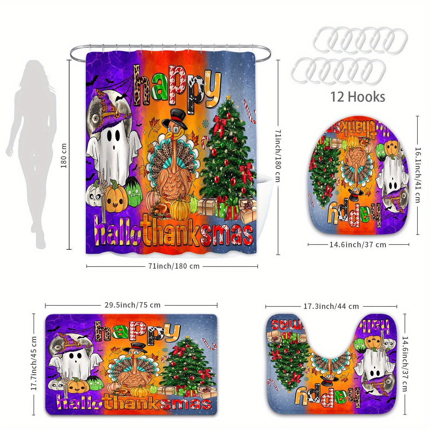 Happy Hallothanksmas Bathroom Decor Set includes a shower curtain, rugs, and accessories with a cartoon ghost turkey christmas tree design made of waterproof polyester fabric. Set includes 12 hooks.