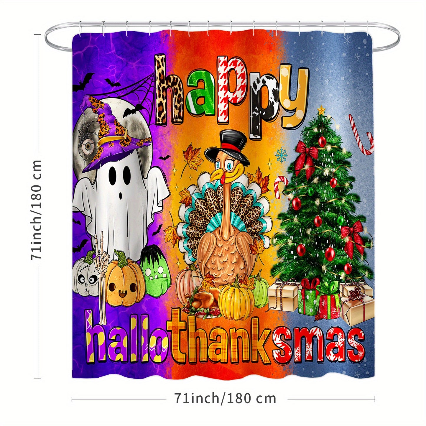 Happy Hallothanksmas Bathroom Decor Set includes a shower curtain, rugs, and accessories with a cartoon ghost turkey christmas tree design made of waterproof polyester fabric. Set includes 12 hooks.