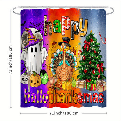 Happy Hallothanksmas Bathroom Decor Set includes a shower curtain, rugs, and accessories with a cartoon ghost turkey christmas tree design made of waterproof polyester fabric. Set includes 12 hooks.