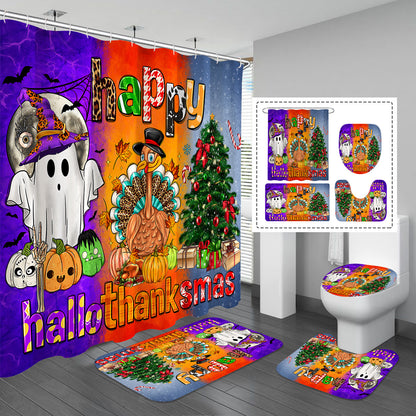 Happy Hallothanksmas Bathroom Decor Set includes a shower curtain, rugs, and accessories with a cartoon ghost turkey christmas tree design made of waterproof polyester fabric. Set includes 12 hooks.