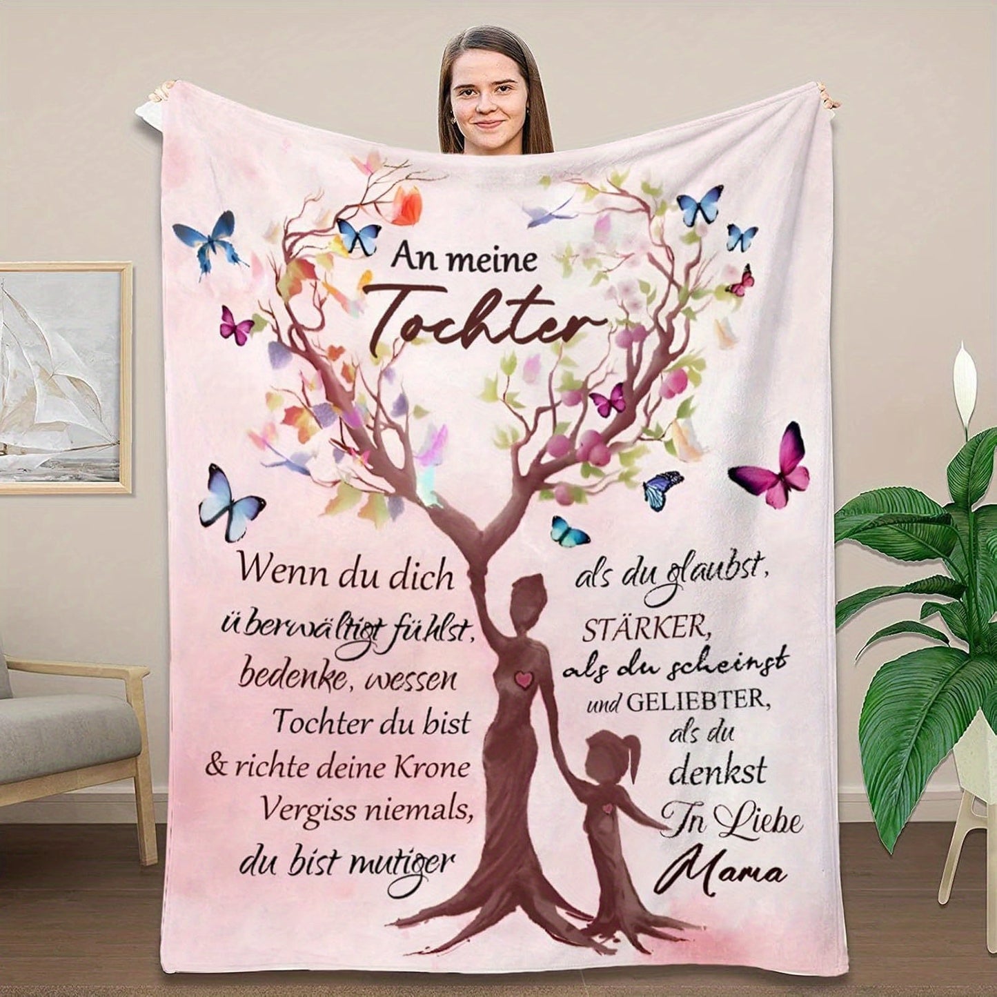 Soft flannel sofa blanket with butterfly and tree design - perfect 1pc German gift for the best daughter's holiday or birthday celebration.