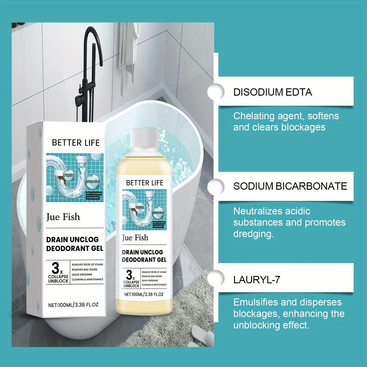 A gel for cleaning and deodorizing sewer pipelines in kitchens and bathrooms, removing debris and eliminating unpleasant odors, available in a 100mL size.