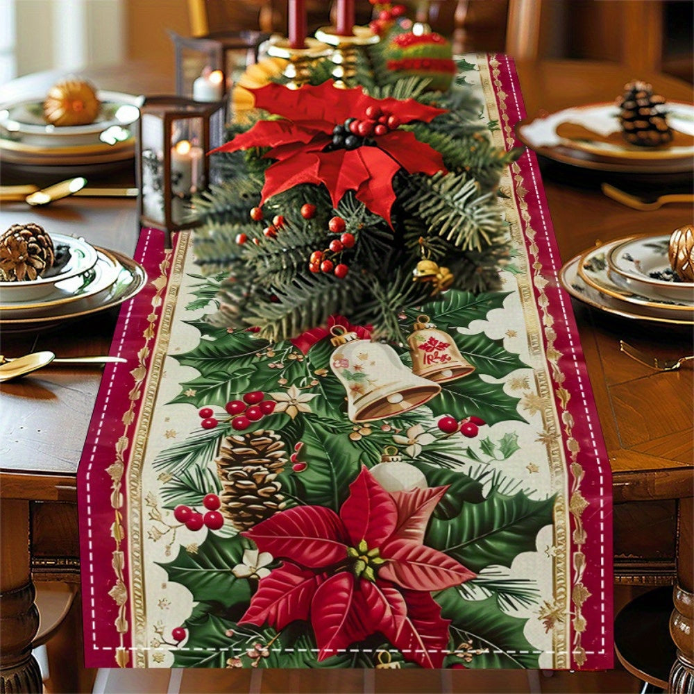 Polyester woven Christmas table runner with bells and pine branches, ideal for festive gatherings.