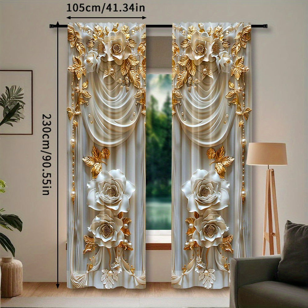 Elevate your bedroom decor with this stylish 2-piece set of polyester pongee curtains featuring an elegant embossed yellow flower design. These semi-sheer rod pocket window panels boast a contemporary style with digital printed drapes and a knit weave