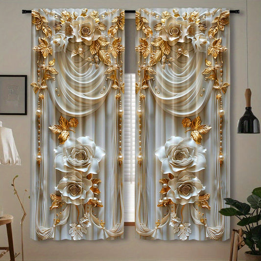 Elevate your bedroom decor with this stylish 2-piece set of polyester pongee curtains featuring an elegant embossed yellow flower design. These semi-sheer rod pocket window panels boast a contemporary style with digital printed drapes and a knit weave